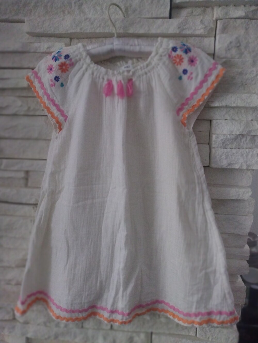 Marks &Spencer Girls White Embroidered Cotton Dress with Pink Accent